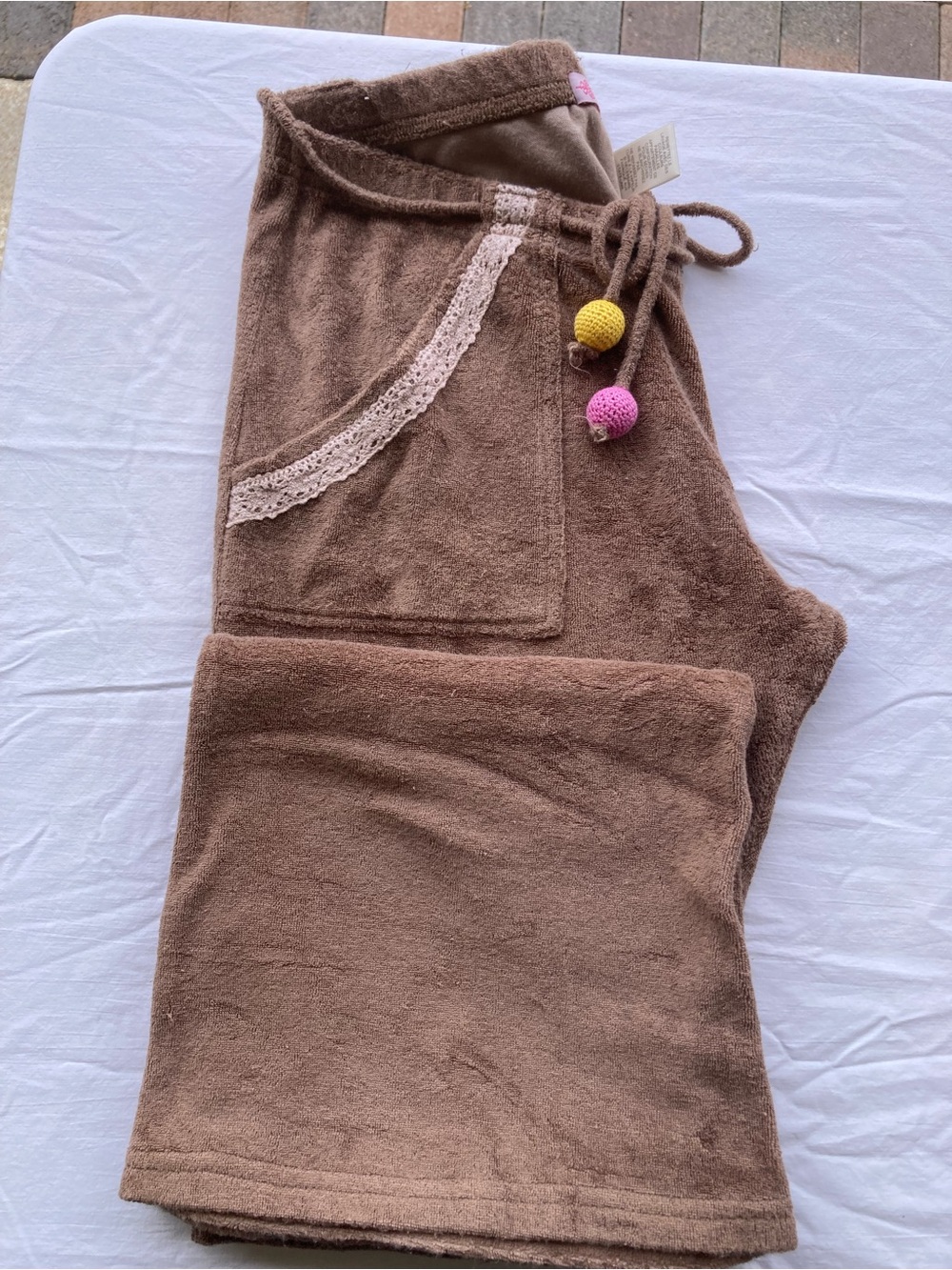 Wendy Glez Brown Terry Jogger Pants with Pink & Yellow Pom Accents